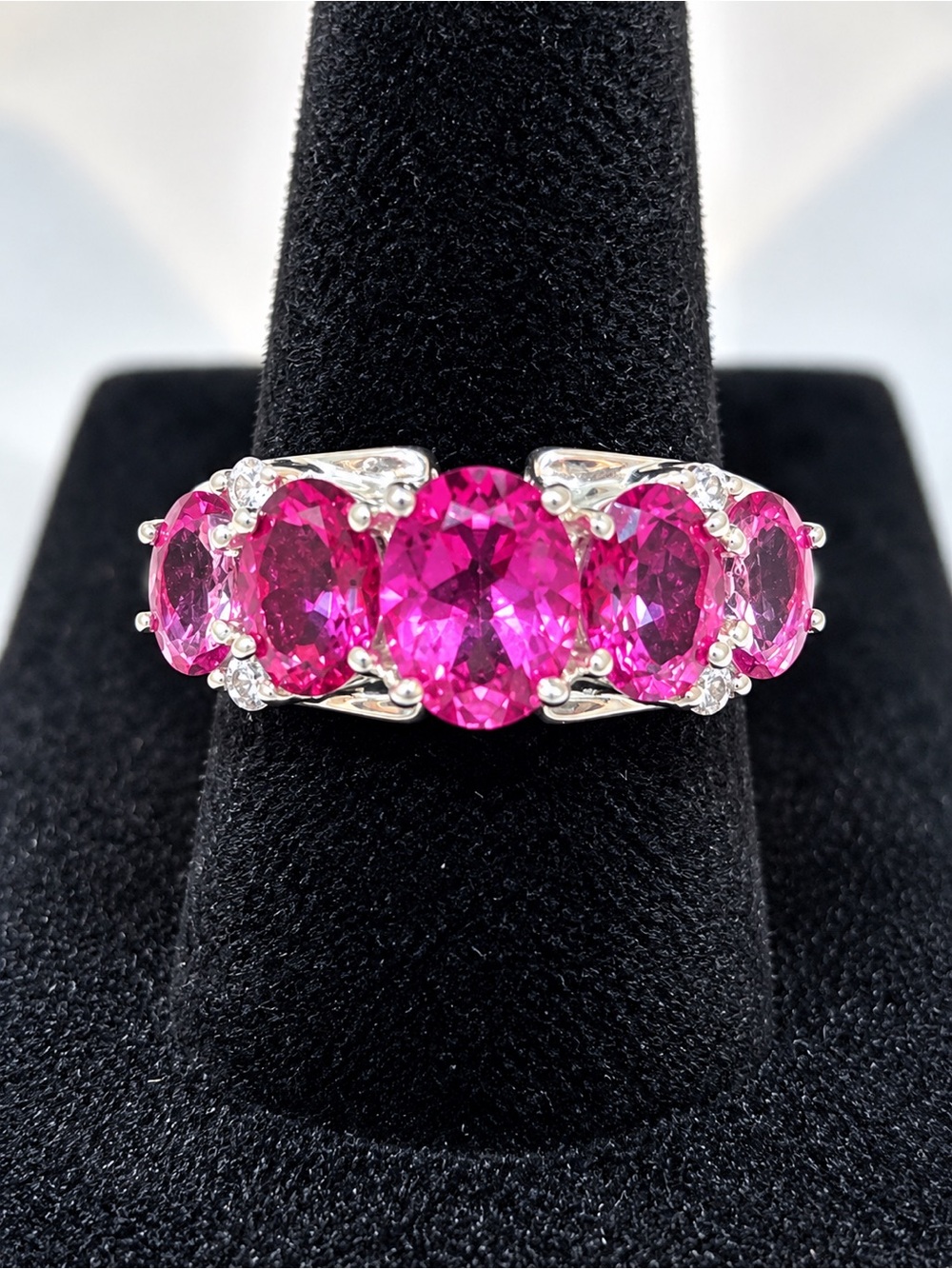 Signed Chunky Raspberry Pink Five-Stone Statement Ring | 925 Silver | Size 7.5